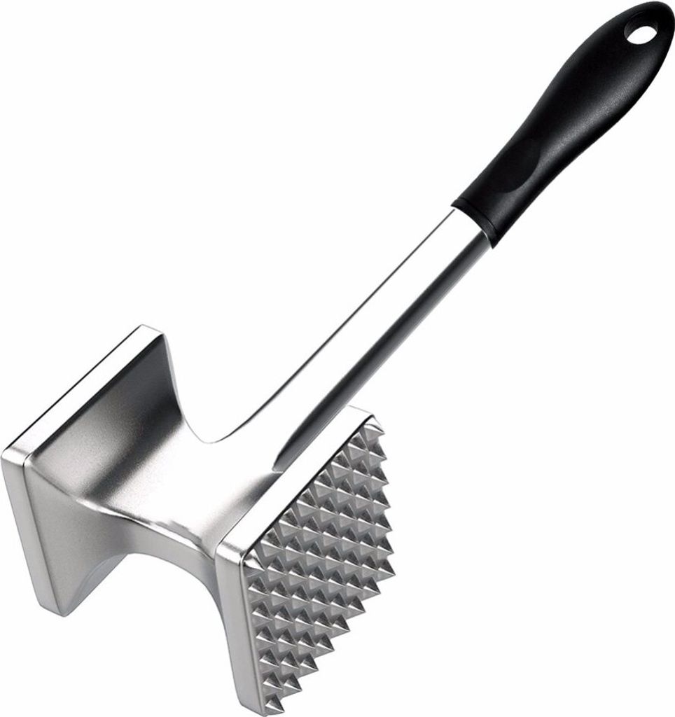A stainless steel meat tenderizer with a black handle, shown against a white background.