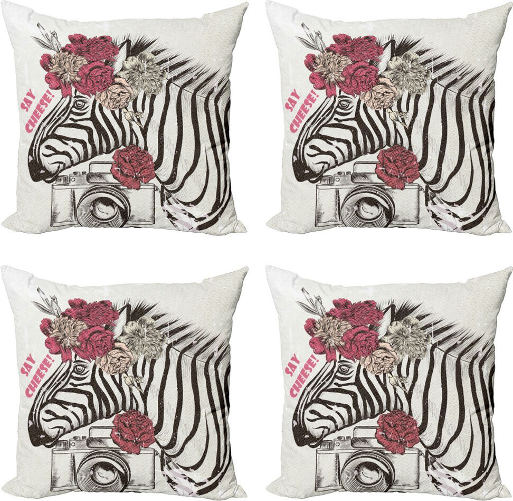 ABAKUHAUS Kamera Kissenbezug Set (4 Stück), Zebra-Kopf-Say Cheese Worte, Moderner Doppelseitiger Digitaldruck, 45 cm x 45 cm, Dark Blue Grey Coconut