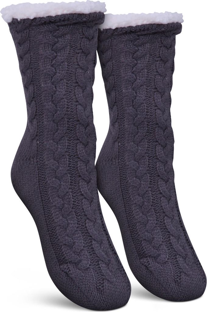 Haussocken (Grau / 1 Paar) Damen mit Teddyfutter - Hüttensocken mit Anti-Rutsch-Sohle - ABS Norweger Socken Zopfmuster - Kuschelsocken Einheitsgr...