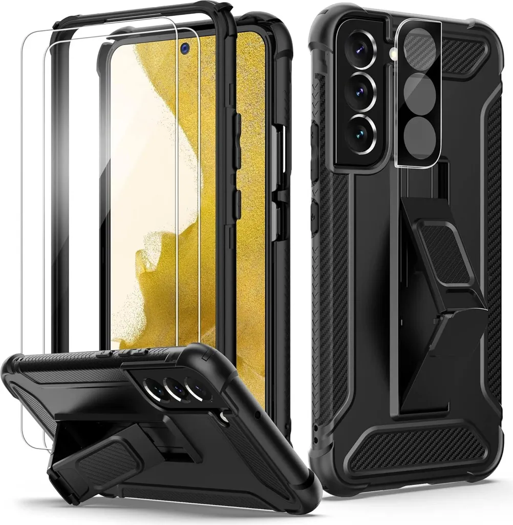 Pack Protection Samsung S22 : Coque Noire et Double Vitre en Verre Trempé
