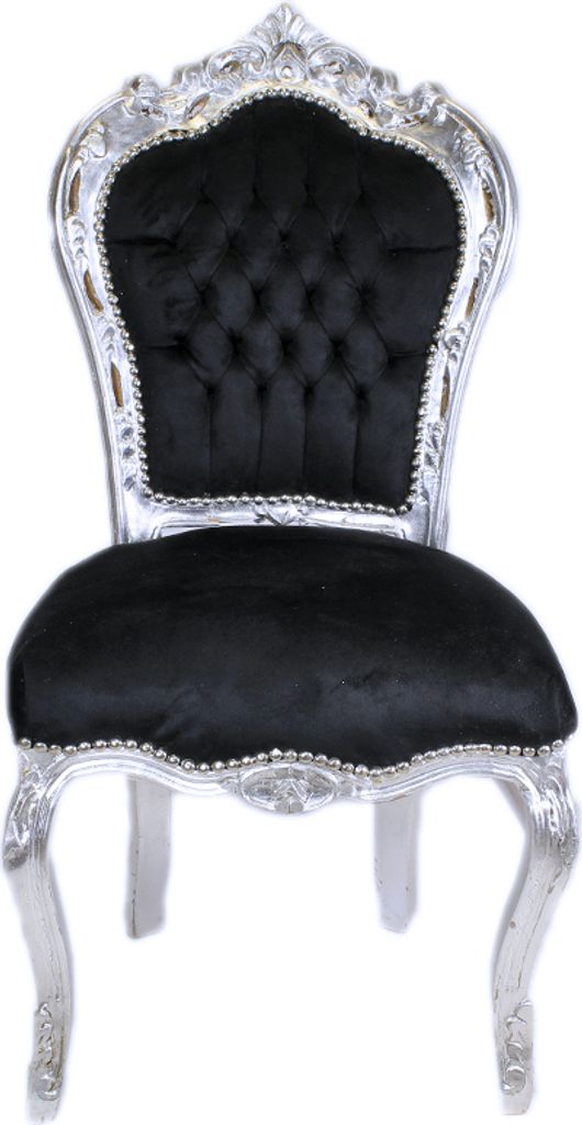 A baroque-style chair with black upholstery and a silver frame, presented on a white background.