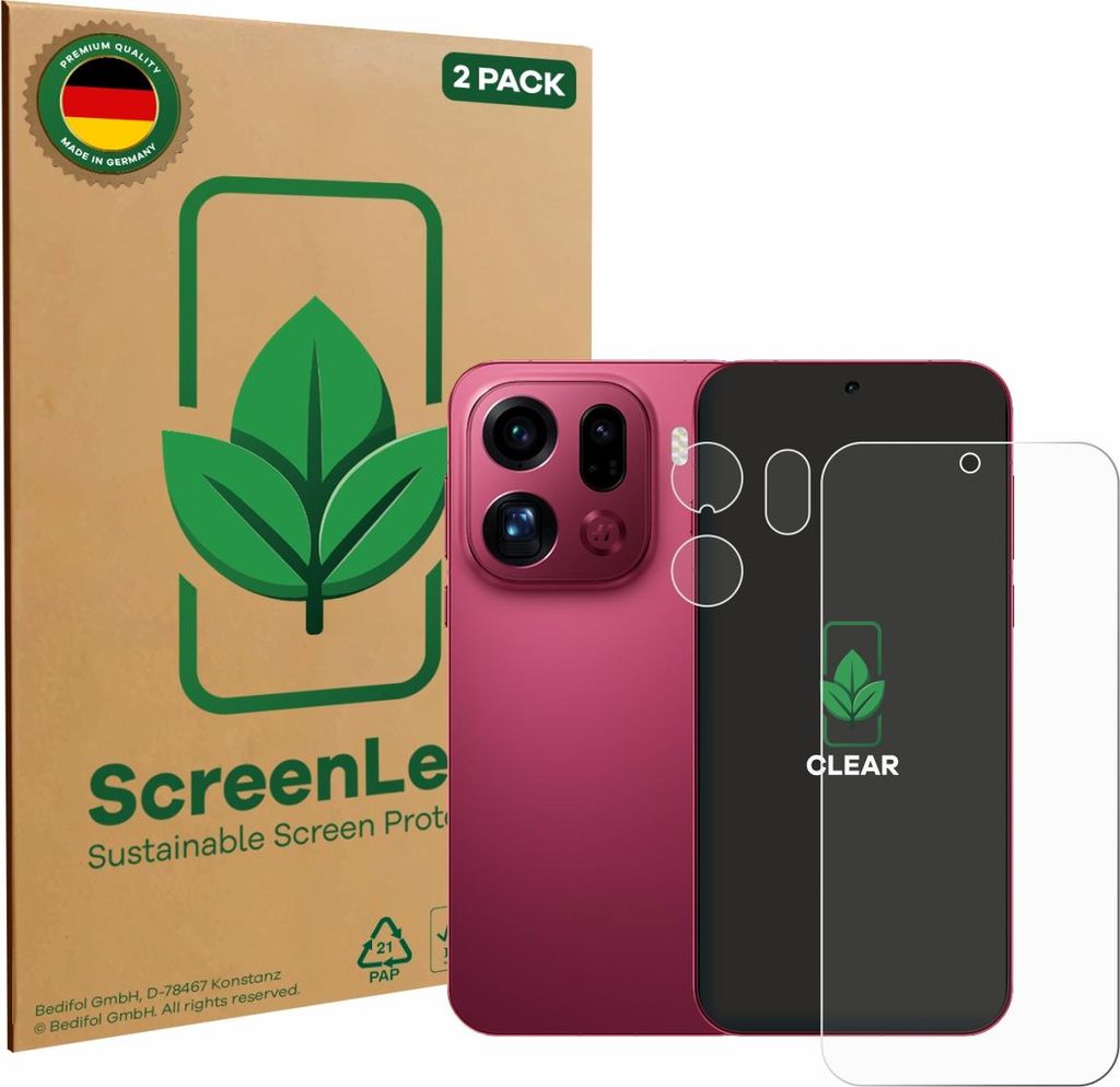 2x ScreenLeaf Schutzfolie für Oppo Find X9 Pro (Display+Kamera) nachhaltiger Displayschutz Display Schutz Folie Klar Transparent