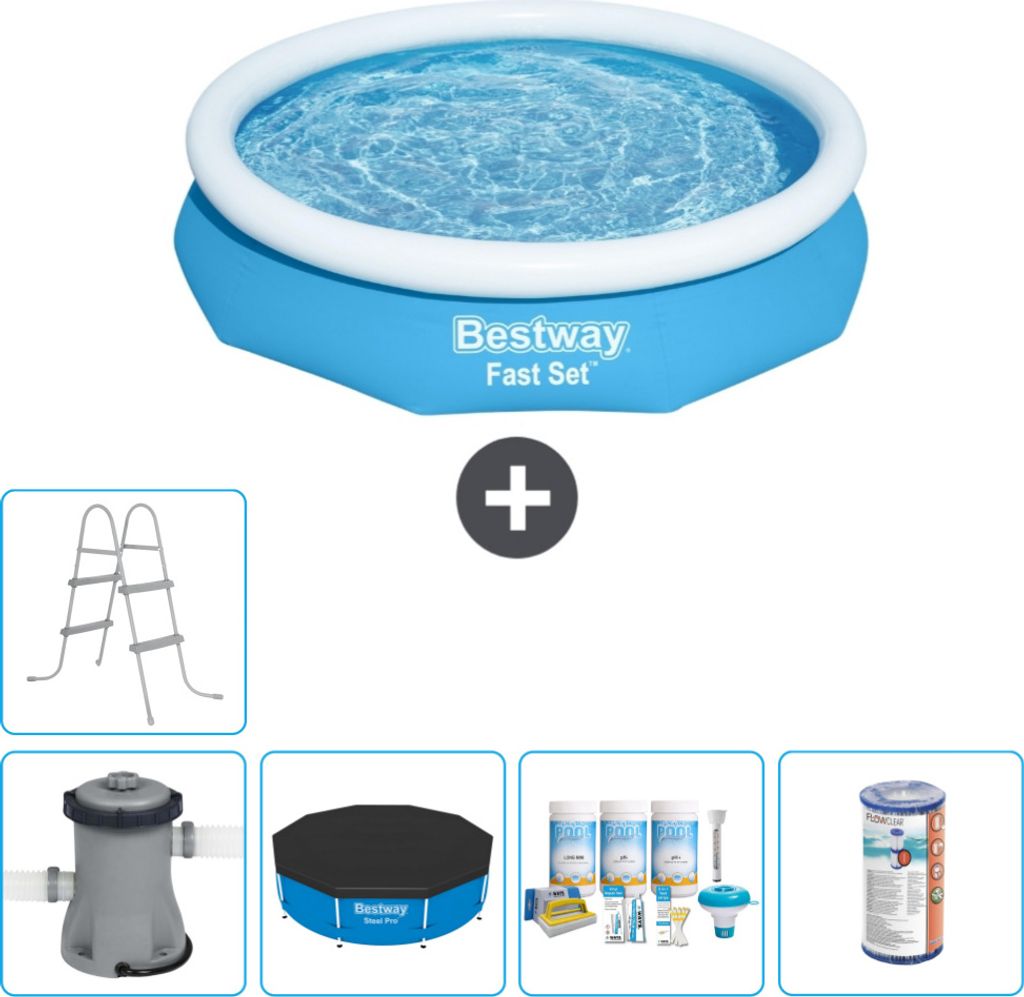 Bestway runder aufblasbarer Fast-Set-Schwimmpool – 305 x 66 cm – Blau – inklusive Pumpe Abdeckung - Wartungspaket - Filter - Leiter