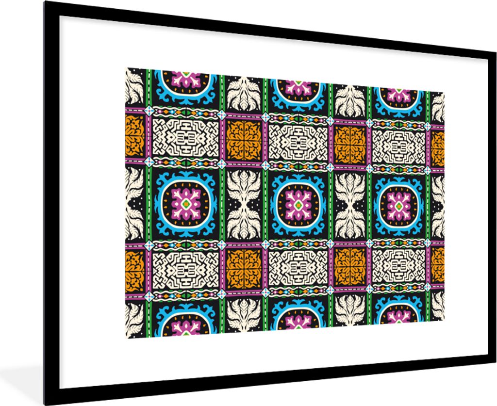 MuchoWow Gerahmtes Poster Muster - Ornament - Abstrakt - Blau - Rosa 90x60 cm - Poster mit Schwarzem Bilderrahmen Wandposter Rahmen Foto Bilder -...