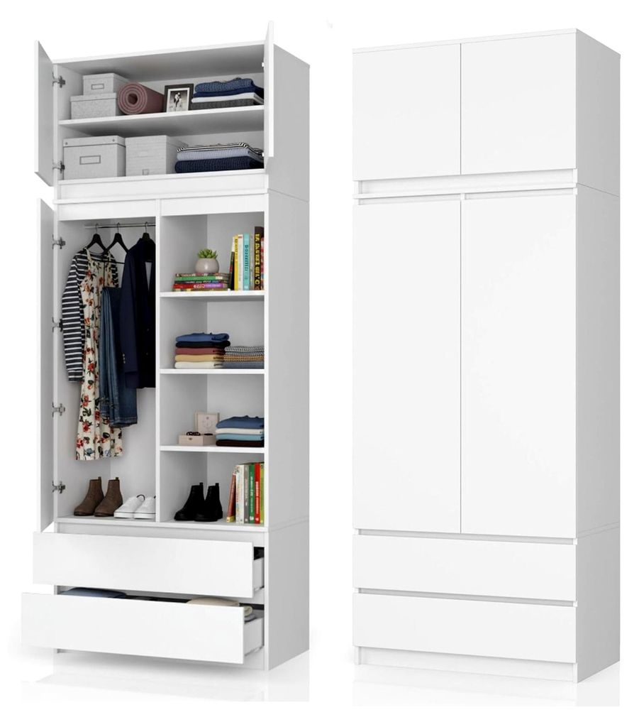 Kleiderschrank in Weiß, Schrank mit 2 Türen und 2 Schubladen, 90 cm breit, erweiterbar auf 234 cm, mit Kleiderstange, für Schlafzimmer und Wohnz...