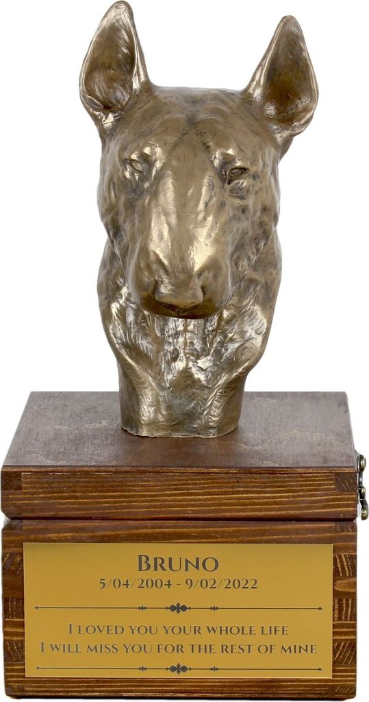 Bull Terrier, Bullterrier IV - Eine Ascheurne für Hunde mit einer Statuette, eine kleine Urne für Hunde, eine personalisierte Urne mit dem Portr...