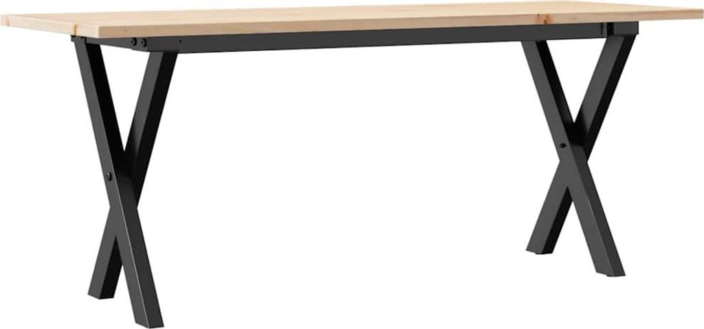 A table with a wooden top and black metal legs, presented against a white background.