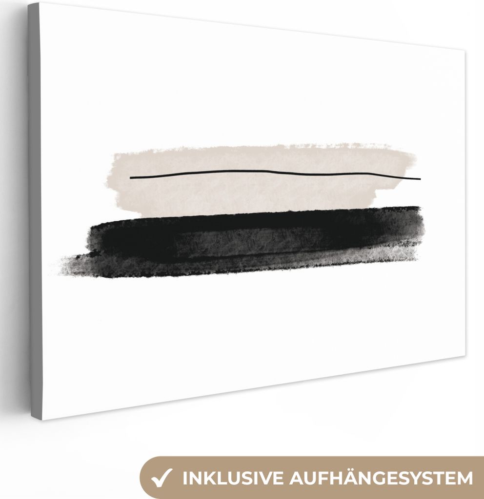 MuchoWow - Leinwandbilder - Abstrakt - Linien - Schwarz - Beige - Kunst, Wandbild, Wanddeko Bilder Wohnzimmer, 90x60 cm