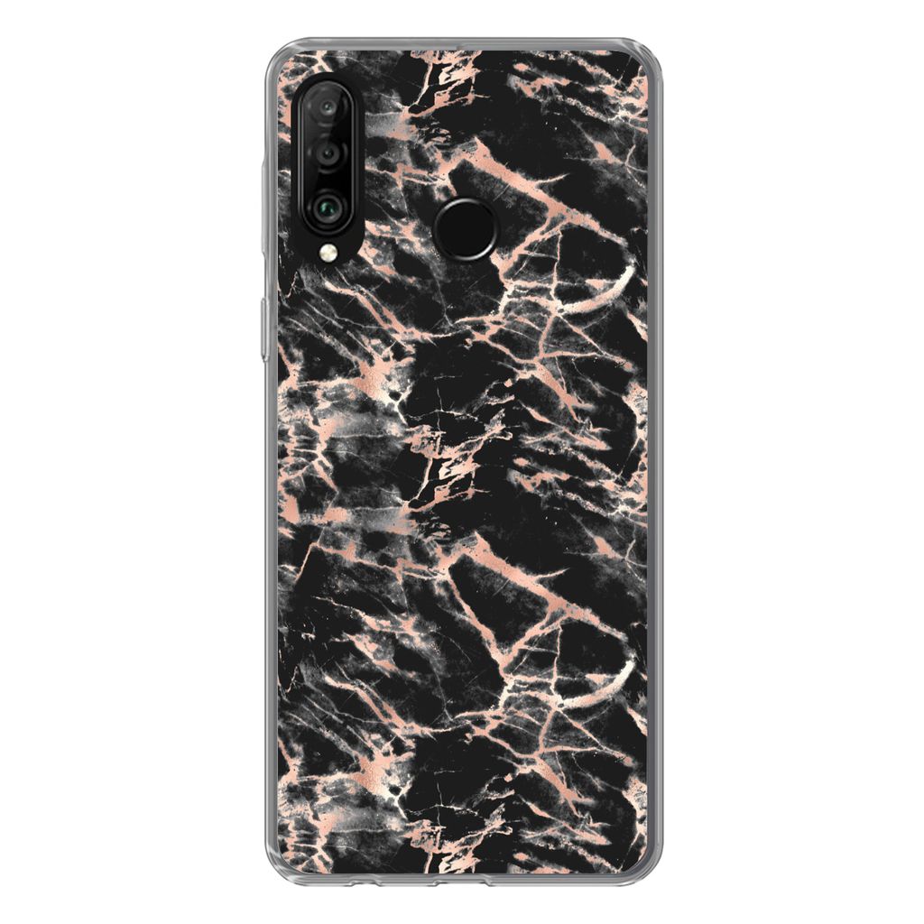 MuchoWow Handyhülle Schutzhülle Hülle für Huawei P30 Lite Roségold - Marmor - Muster - Schwarz Silikon Softcase Handy Hülle - Handyhülle