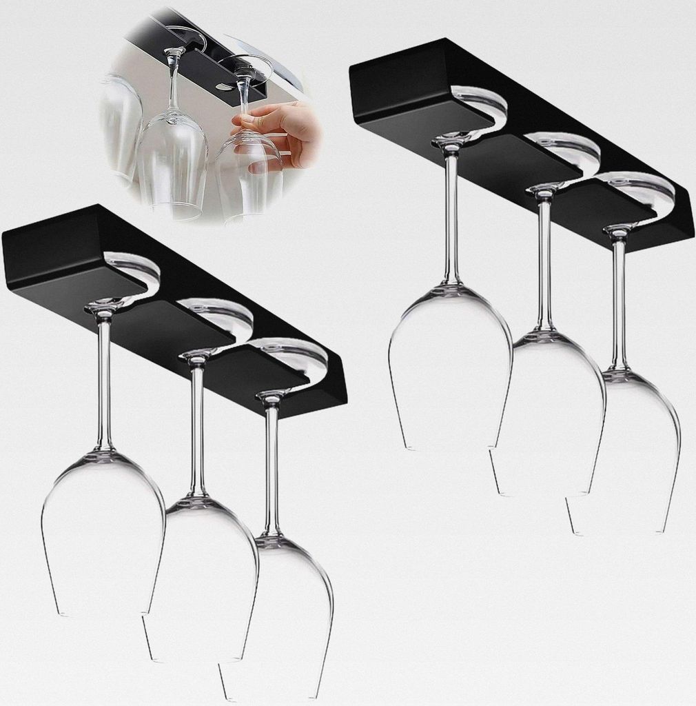 Weinglashalter, 2 Stück Glashalter Hängend Schwarz, Rutschfest Tropfensicher Gläserhalter Hängend Weingläser Aufhängen, Platzsparend Weinglas...