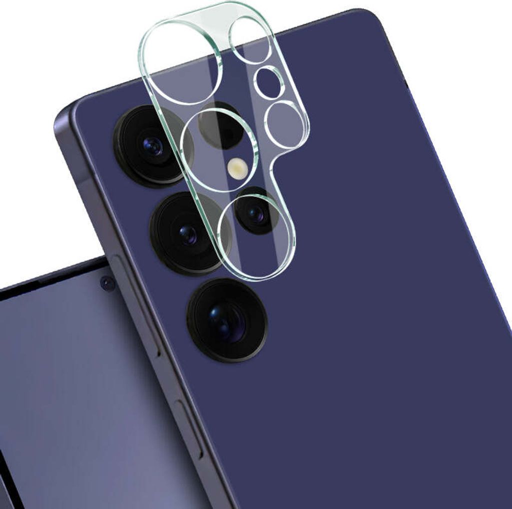 A close-up shot of a smartphone camera lens protector being applied to a purple smartphone.