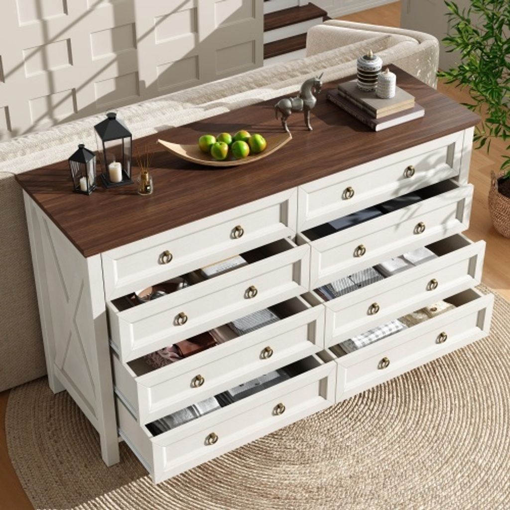 Kommode 8 Schubladen 80x40x85cm Beige Sideboard Vintage-Stil Walnussfarbene Arbeitsplatte Aluminium-Schubladengriffen Fuer Schlafzimmer Wohnzimmer