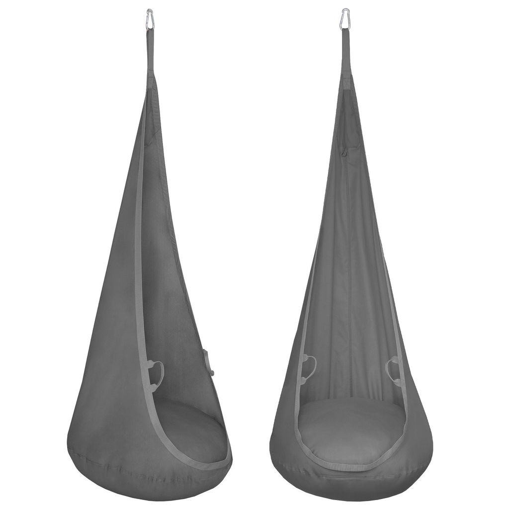 Two grey hanging chairs are shown against a white background.