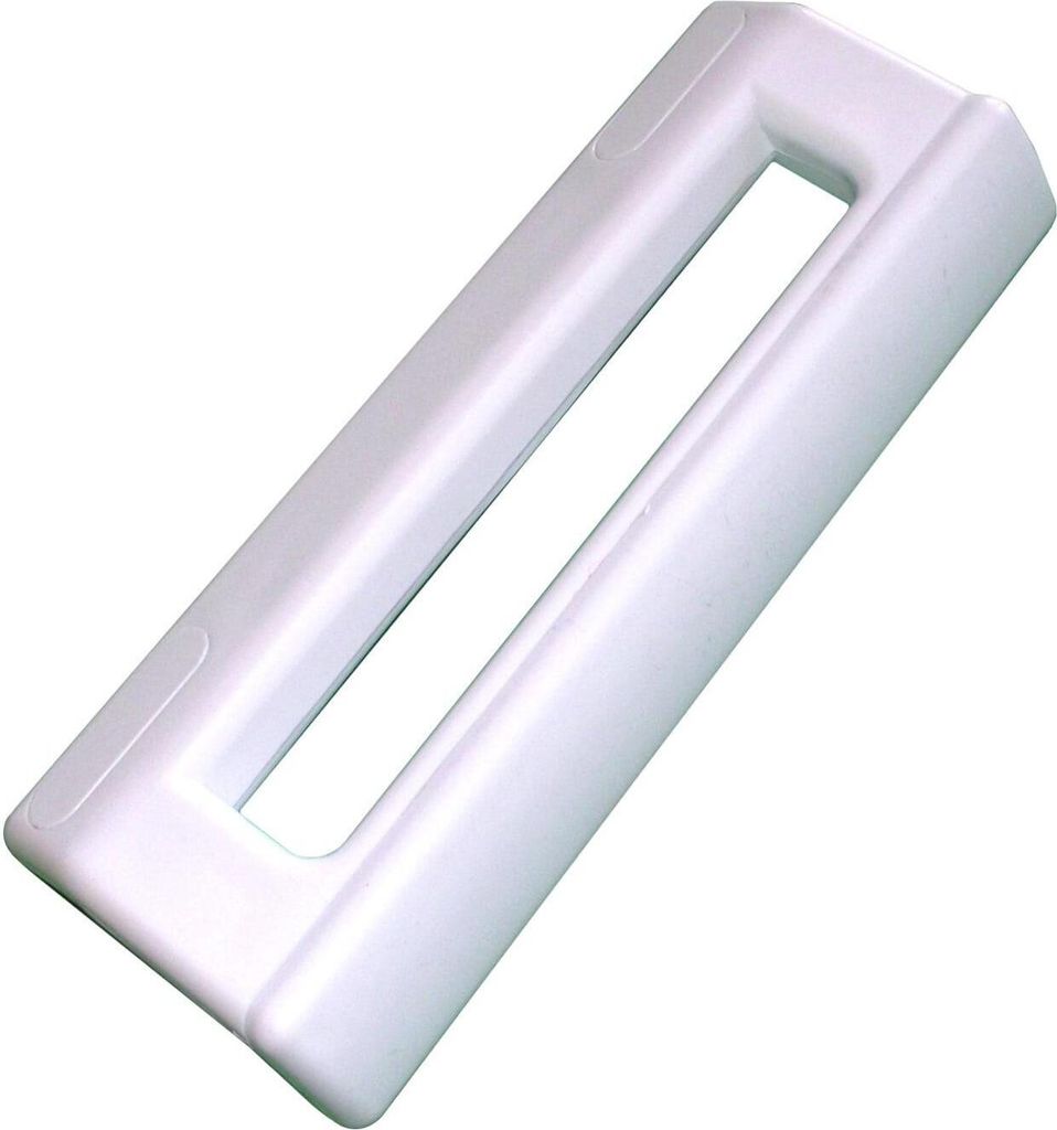 A white refrigerator handle against a white background.