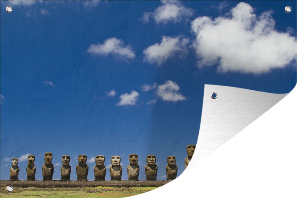 MuchoWow 90x60 cm Outdoor-Poster Gartendeko Sichtschutz Garten Poster für den Garten Blauer Himmel mit einigen Wolken über den Moai-Statuen