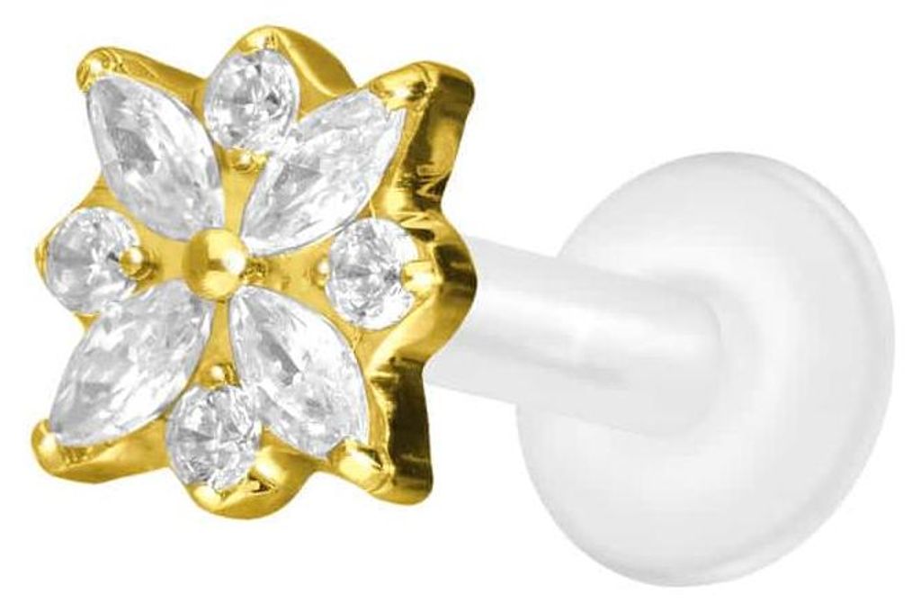 Ohrpiercing, Nasenpiercing PTFE Labret mit Innengewinde + Titan-Aufsatz KRISTALLBLUME Gold Stablänge: 6mm | Stabstärke: 1,6mm