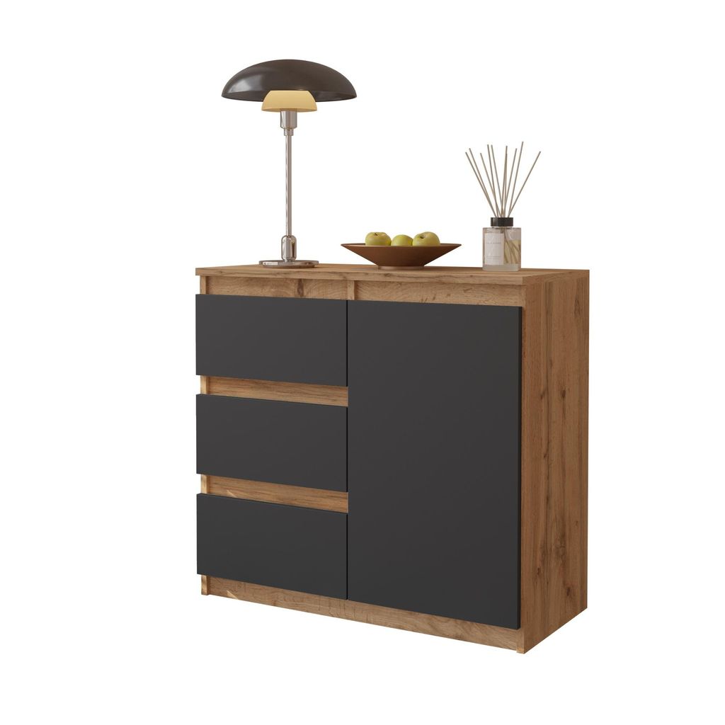 Kommode 80 cm Eiche Wotan / Anthrazit, 3 Schubladen, 1 Tür, Produktbild 