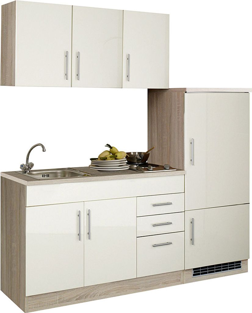 Single-Küchenzeile mit Kühlschrank 180 cm TERAMO-03 Hochglanz Creme/Eiche-Sonoma B x H x T ca. 180 x 200 x 60cm