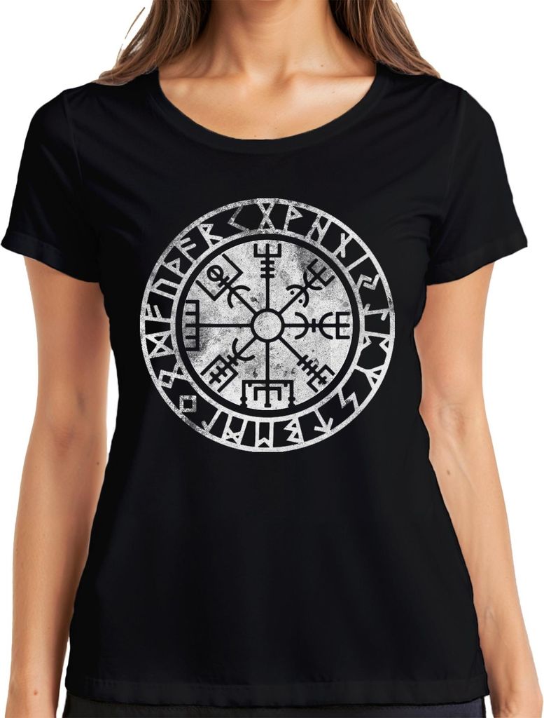 Vegvisir Wikinger Kompass Nordisch Runenkreis Schutzsymbol North Damen T-Shirt, Schwarz, XXL