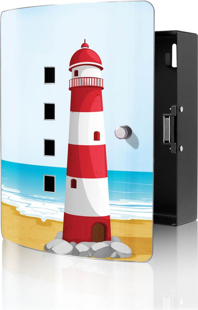 banjado Design Schlüsselkasten aus Edelstahl für 10 Schlüssel, Schlüsselschrank 24 x 21,5 x 7cm groß mit Magnetverschluss, Leuchtturm Illustra...