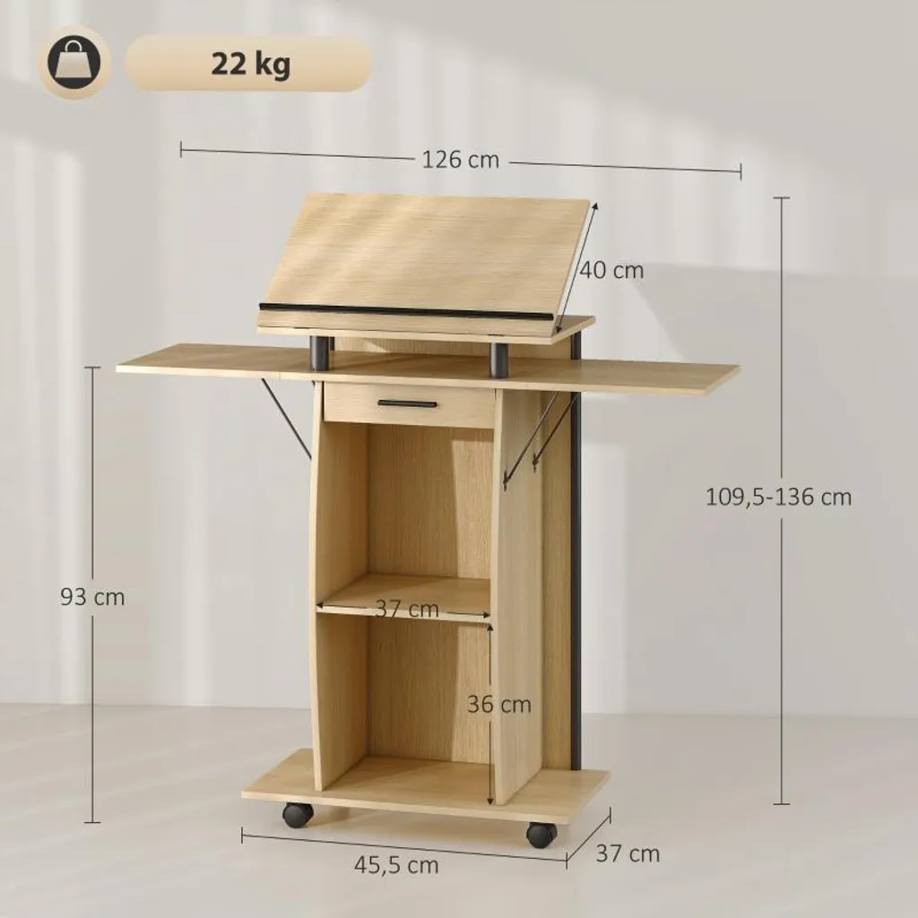 Tablette pour Ordinateur Portable à Roulettes et Rangement Aspect Chêne - 3