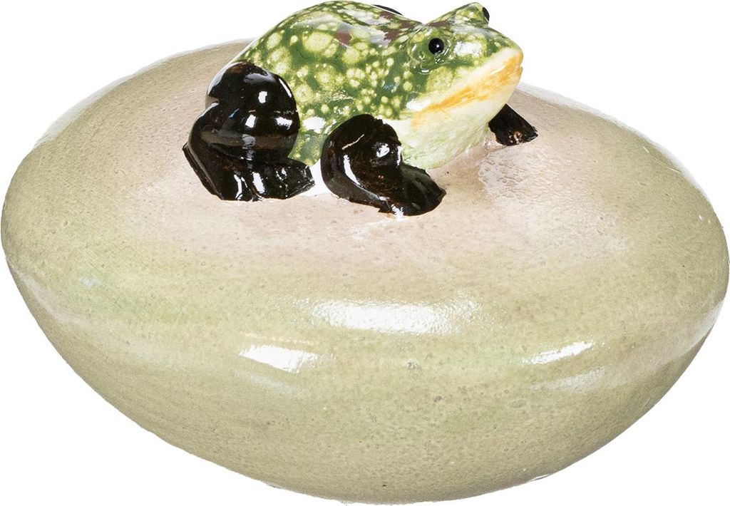 Dekorative Keramikfigur Frosch auf Schwimmstein für Garten und Teich