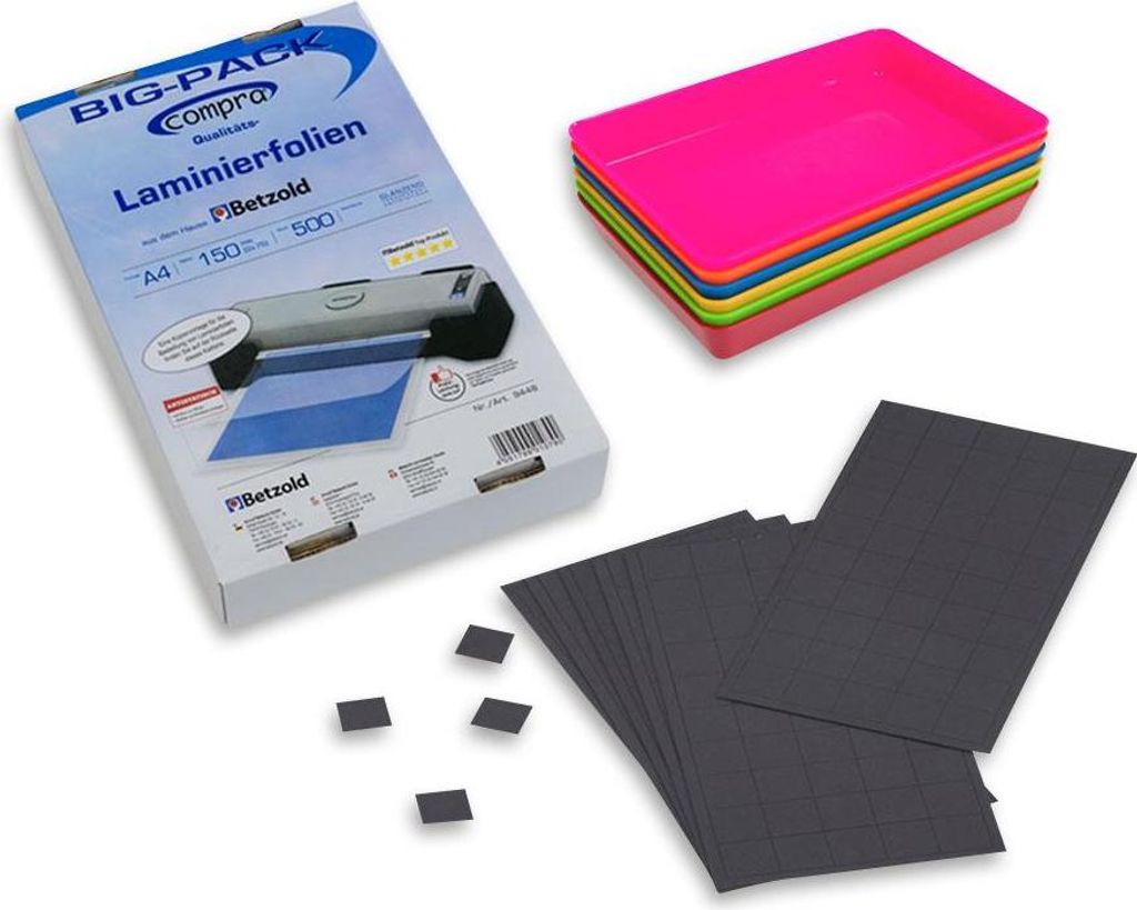 Betzold Lehrer-Spar-Set 3-in-1 mit 500 Laminierfolien A4 150 mic, 100 Magnet-Haftis 2x2 cm, 6 Materialschalen 2,5x12x18 cm