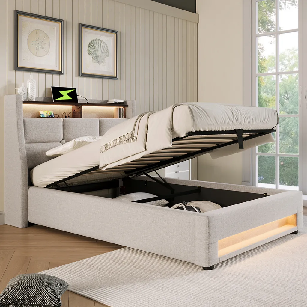 Lit 90x200cm robuste sans grincement avec USB et LED, Design Lin Moderne