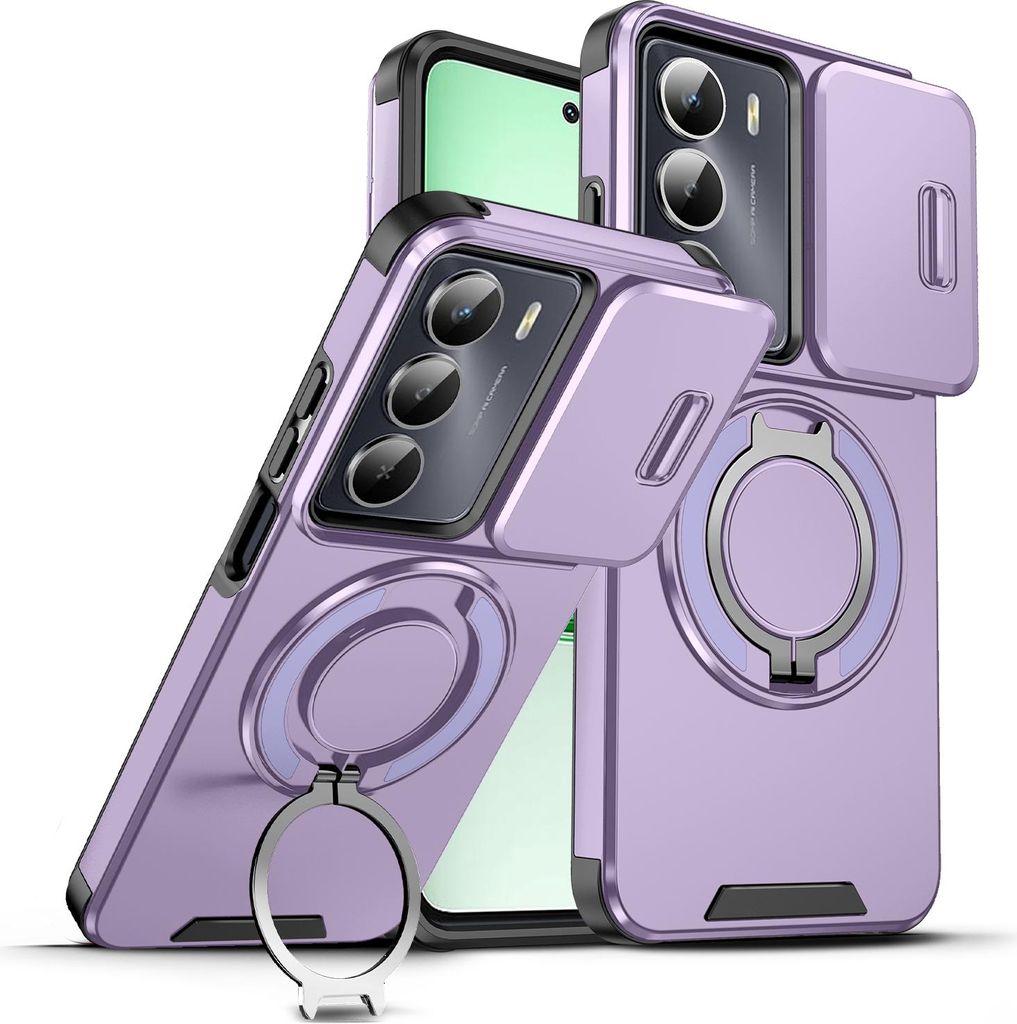 Handyhülle für Realme C75 4G Dual-Layer Stoßfest Militär Hülle mit Dia Kameraschutz und Magnetisch Ring Ständer Lila