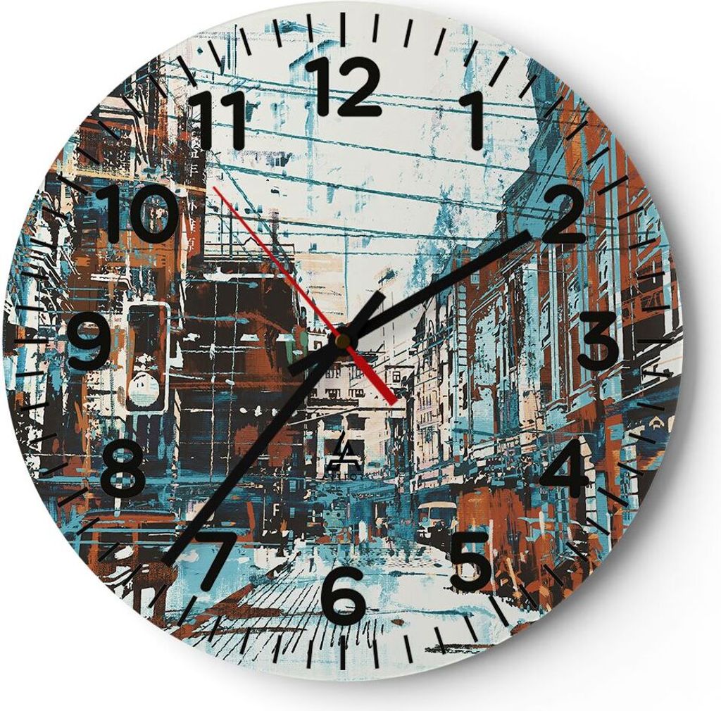 Wanduhr - Rund - Glasuhr - Stadt Straße Haus - 40x40cm - Produktbild 