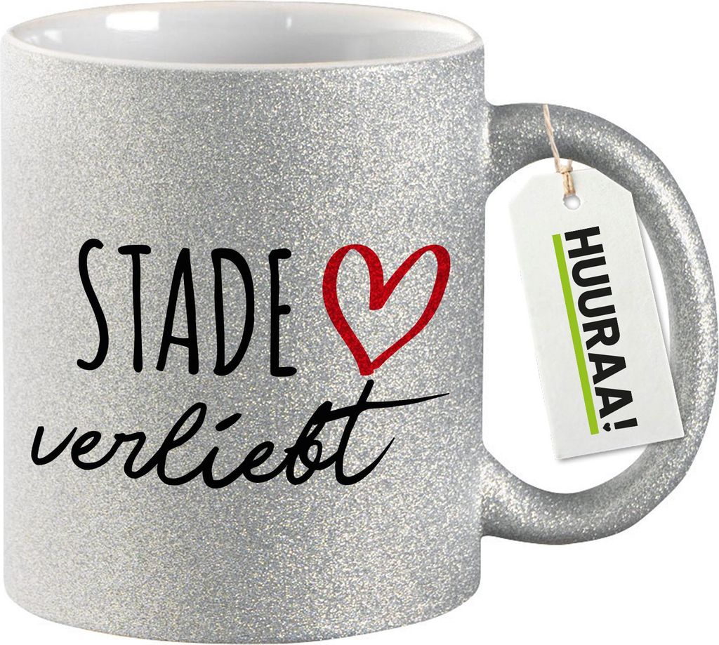 Huuraa Glitzertasse Stade verliebt 330ml Silber Keramik Kaffeebecher Geschenkidee