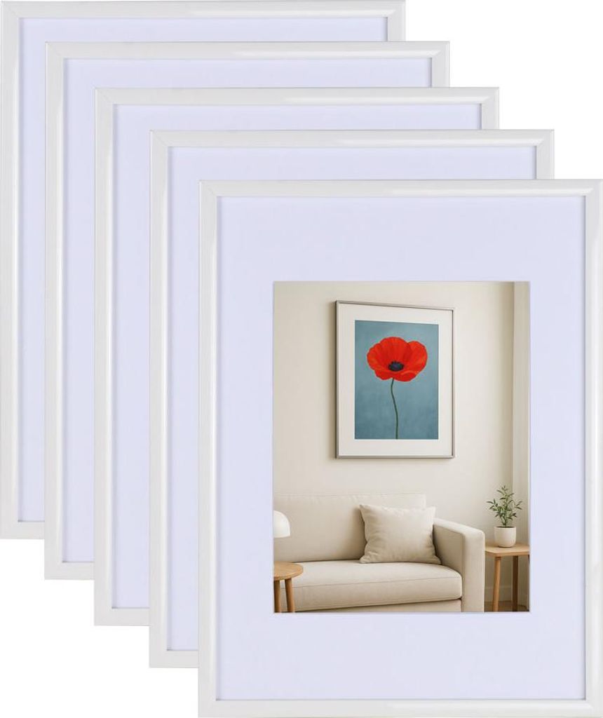 3er 5er Set New Lifestyle Kunststoff Bilderrahmen mit Passepartout & Klarglas Collage Wanddeko Poste - Farbe: 5er Pack Weiß | Format: 40x60