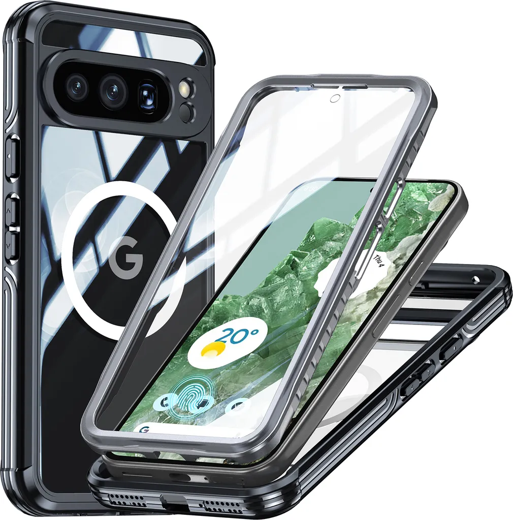 Custodia per Google Pixel 10 Pro XL, compatibile con MagSafe, protezione completa a 360° con cover posteriore trasparente e protezione dello schermo nero