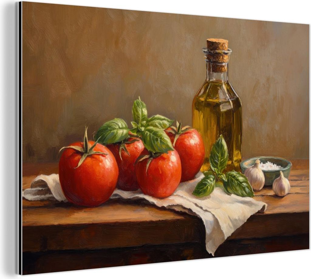 MuchoWow Wanddekoration Metall Metallbild Wandkunst 150x100 cm Tomaten - Olivenöl - Stilleben MuchoWow Aluminium Gemälde - Alu Dibond Bild