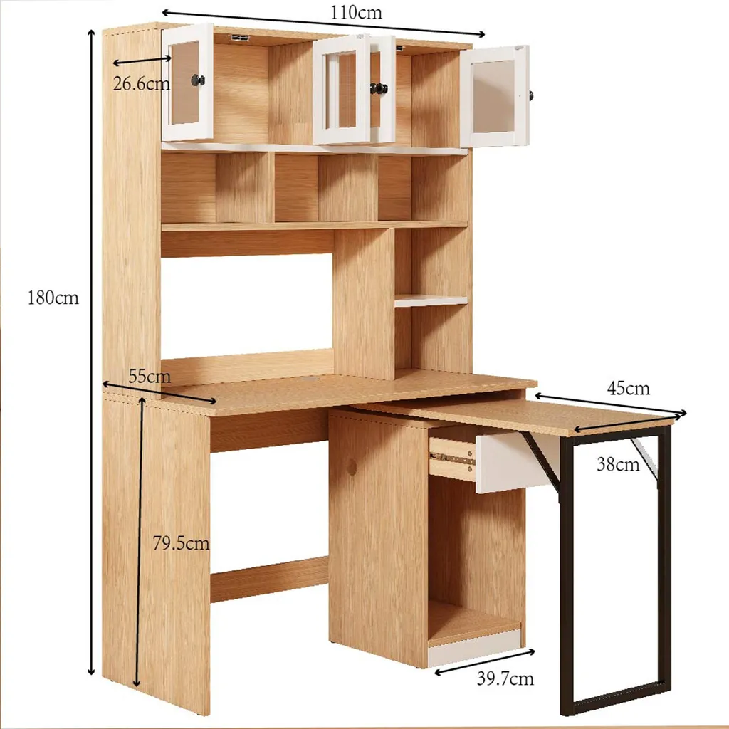 Bureau OKWISH avec Rangement - Table Pivotante Blanc et Bois 110x55 cm - 4