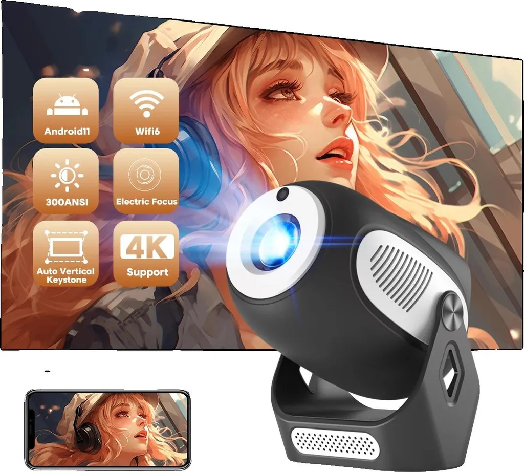 Mini Proiettore 4K HY300-X Black WiFi 6 - Home Theater Smart Android 11