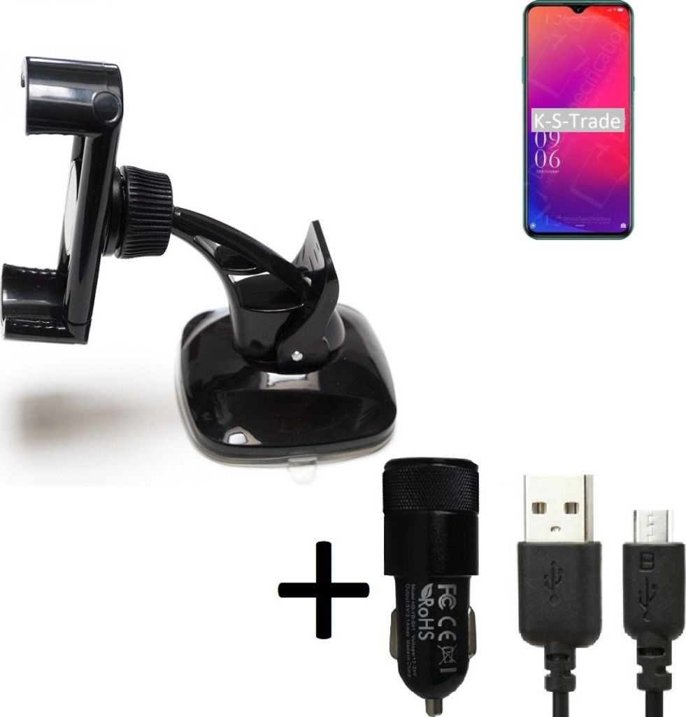 K-S-Trade Halterung kompatibel mit Doogee X95 Pro Windschutzscheibe / Armaturenbrett + LADEGERÄT mit Mico USB Kabel Autohalterung KFZ Halter