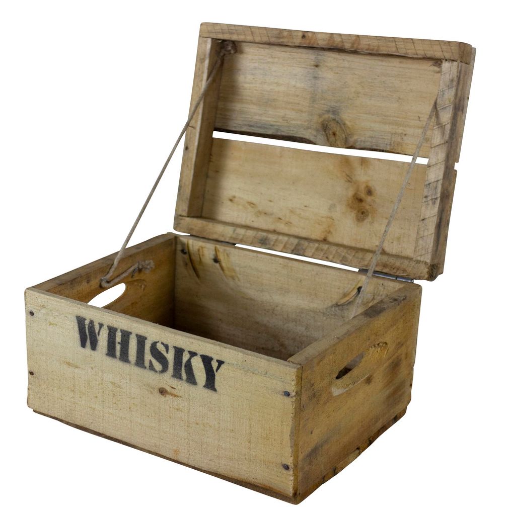 Rustikale Obstkiste mit Deckel und Aufdruck Whisky 26x20x15cm
