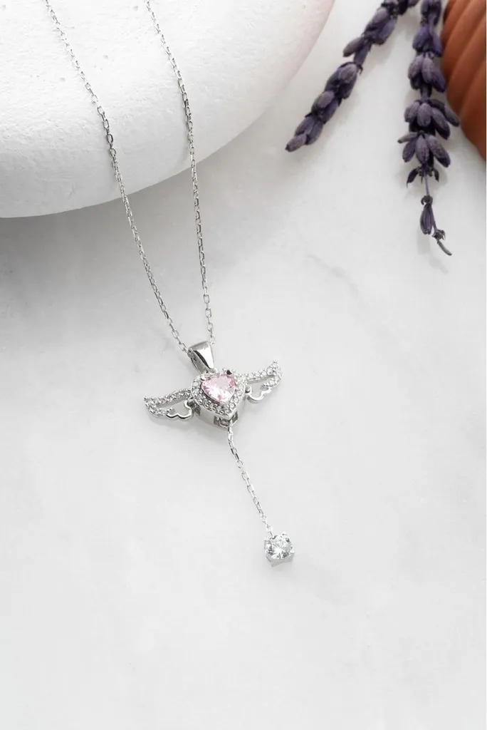 Collier en argent sterling 925 cœur ailes mobiles zircon rose brillant