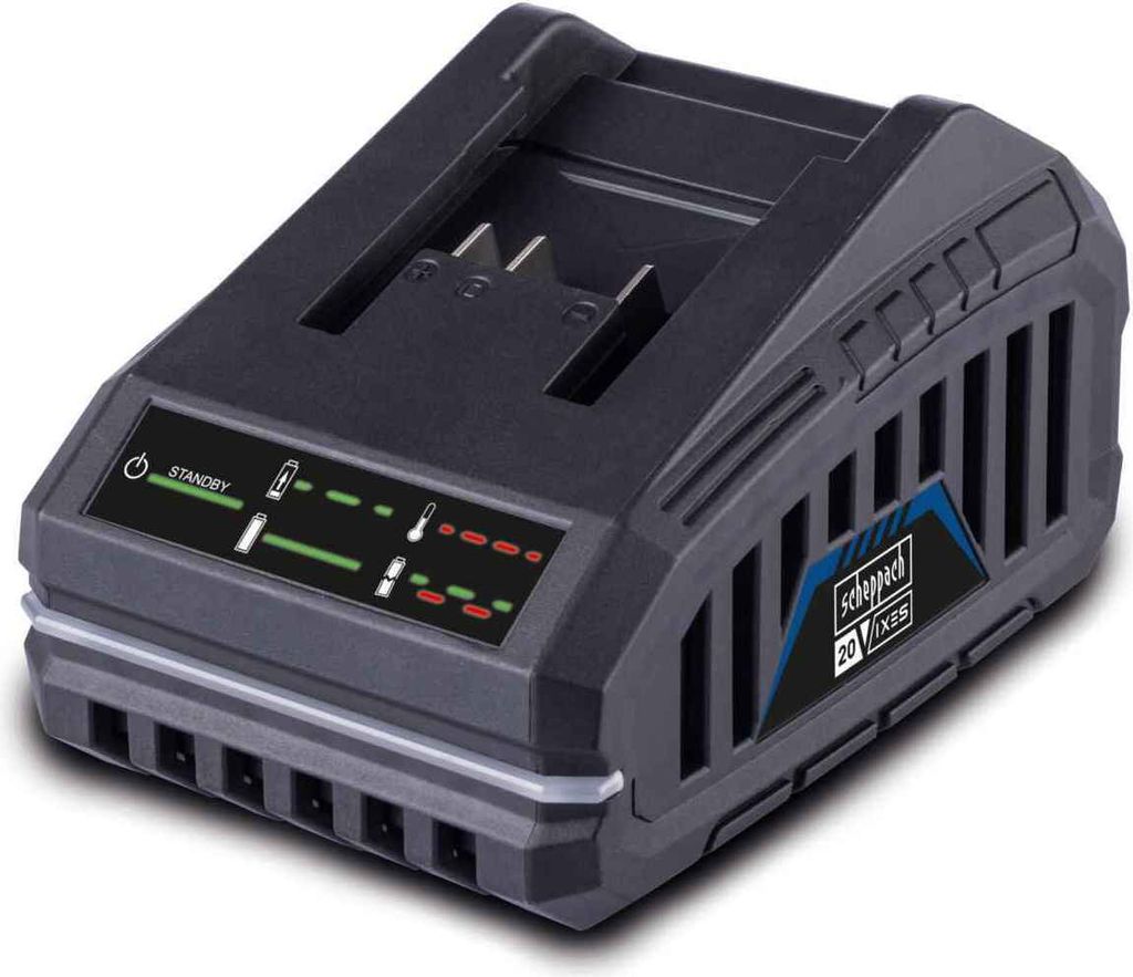 A black and gray battery charger with a digital display showing charging status.