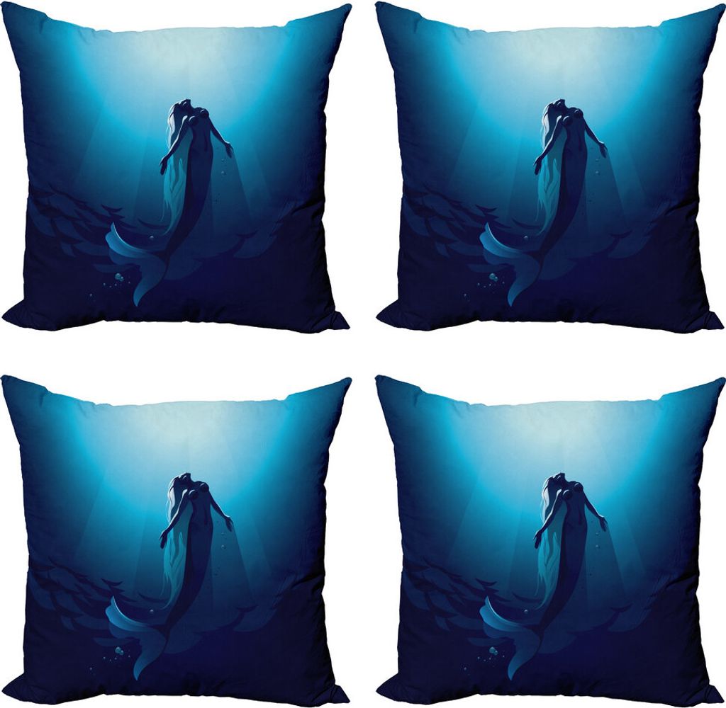 ABAKUHAUS Unterwasser- Kissenbezug Set (4 Stück), Mermaid in Deep Water, Moderner Doppelseitiger Digitaldruck, 45 cm x 45 cm, Blau