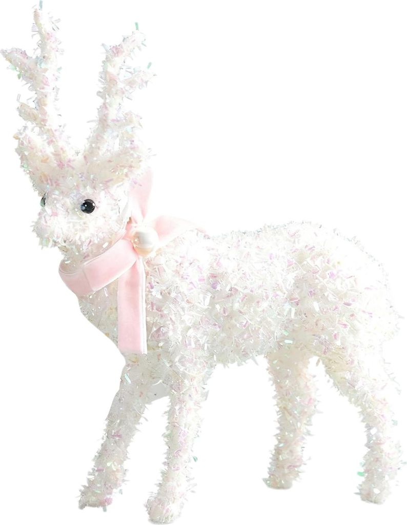 Weihnachts-Rentierfigur, weiße Elchskulptur aus Kunststoff mit Schal, kleine Hirschstatue, Tischdekoration für Weihnachten, Kaminsims oder Regal