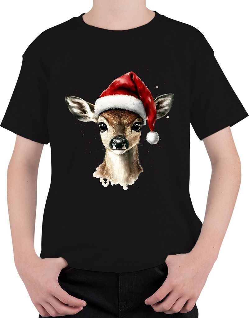 Weihnachts Rehkitz Aquarell süß Geschenk Winter festlich Uni Kinder T-Shirt, Schwarz, 104