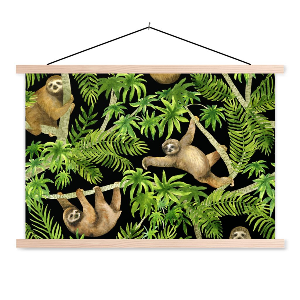 MuchoWow Textilposter Faultier - Palme - Muster - Jungen - Mädchen - Kinder - Kind 60x40 cm mit holzfarbenen Rahmen - Bilder