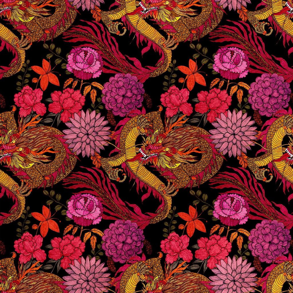 Royal Samt Stoff Polyester Zum Nähen - Motiv Drache in rosa Blüten