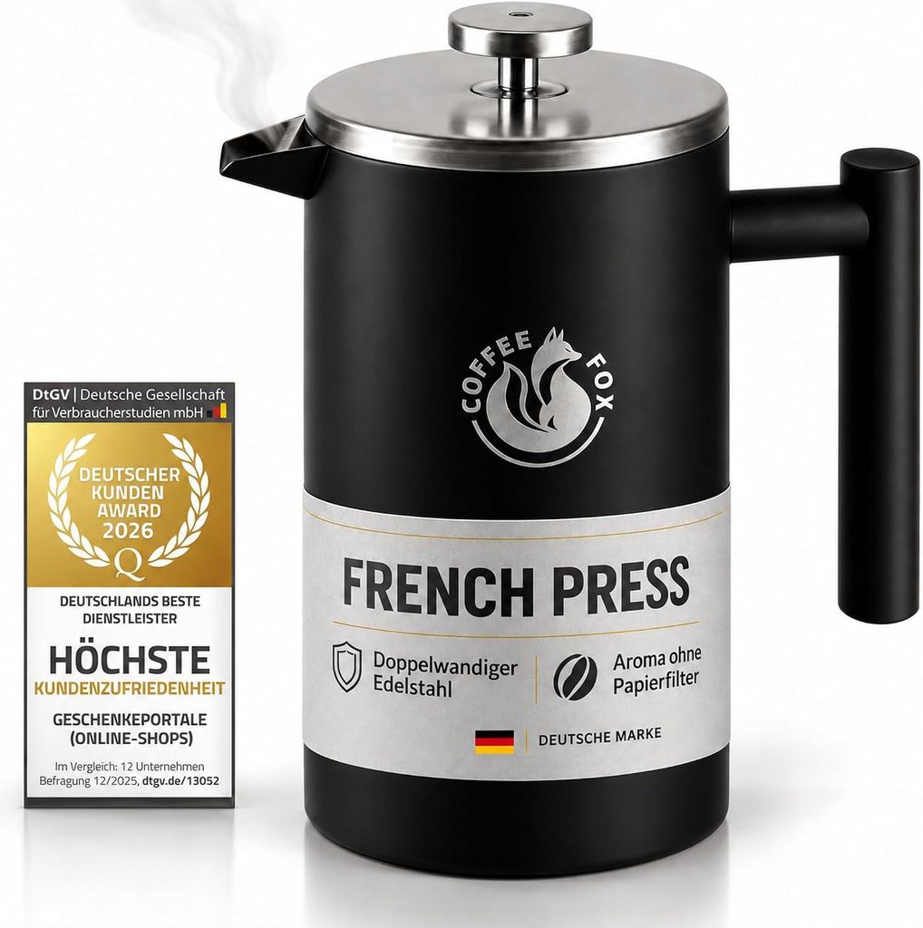 Coffee Fox Luxe French Press, 350 ml, zwart. Dubbelwandige Productafbeelding 