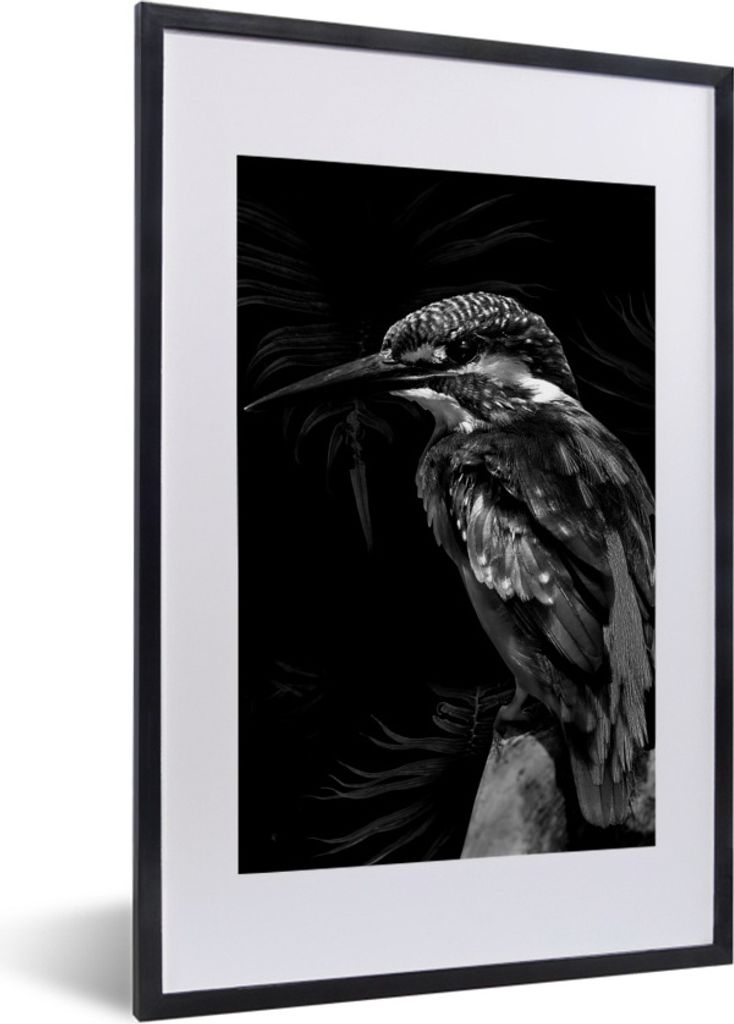 MuchoWow Gerahmtes Poster Vogel vor schwarzem Hintergrund - schwarz und weiß 40x60 cm - Poster mit Schwarzem Bilderrahmen Wandposter Rahmen Foto...