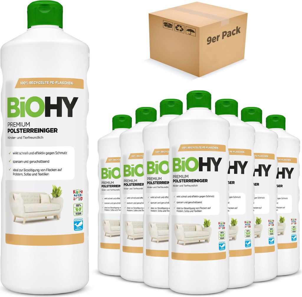 BiOHY Premium Polsterreiniger, Textilreiniger, Polsterreinigungsmittel, Sofa Reiniger – 9er Pack (9 x 1 Liter Flasche)