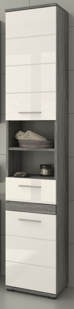 Badezimmer Hochschrank "Bailey" weiß Hochglanz und Produktbild 