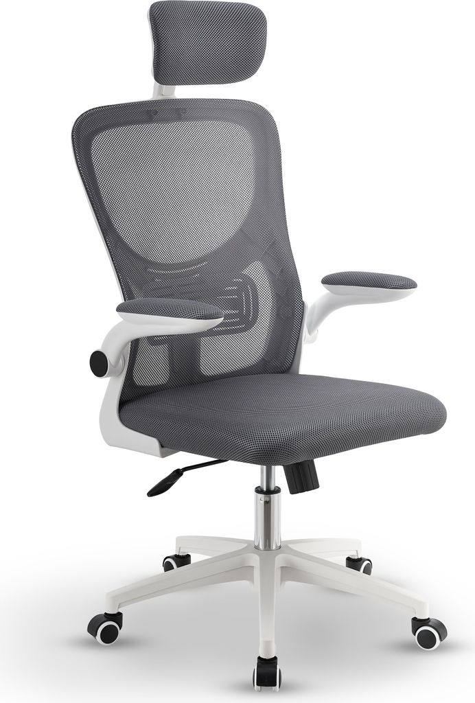 A studio shot of a gray and white ergonomic office chair with a headrest and adjustable armrests, presented on a white background.
